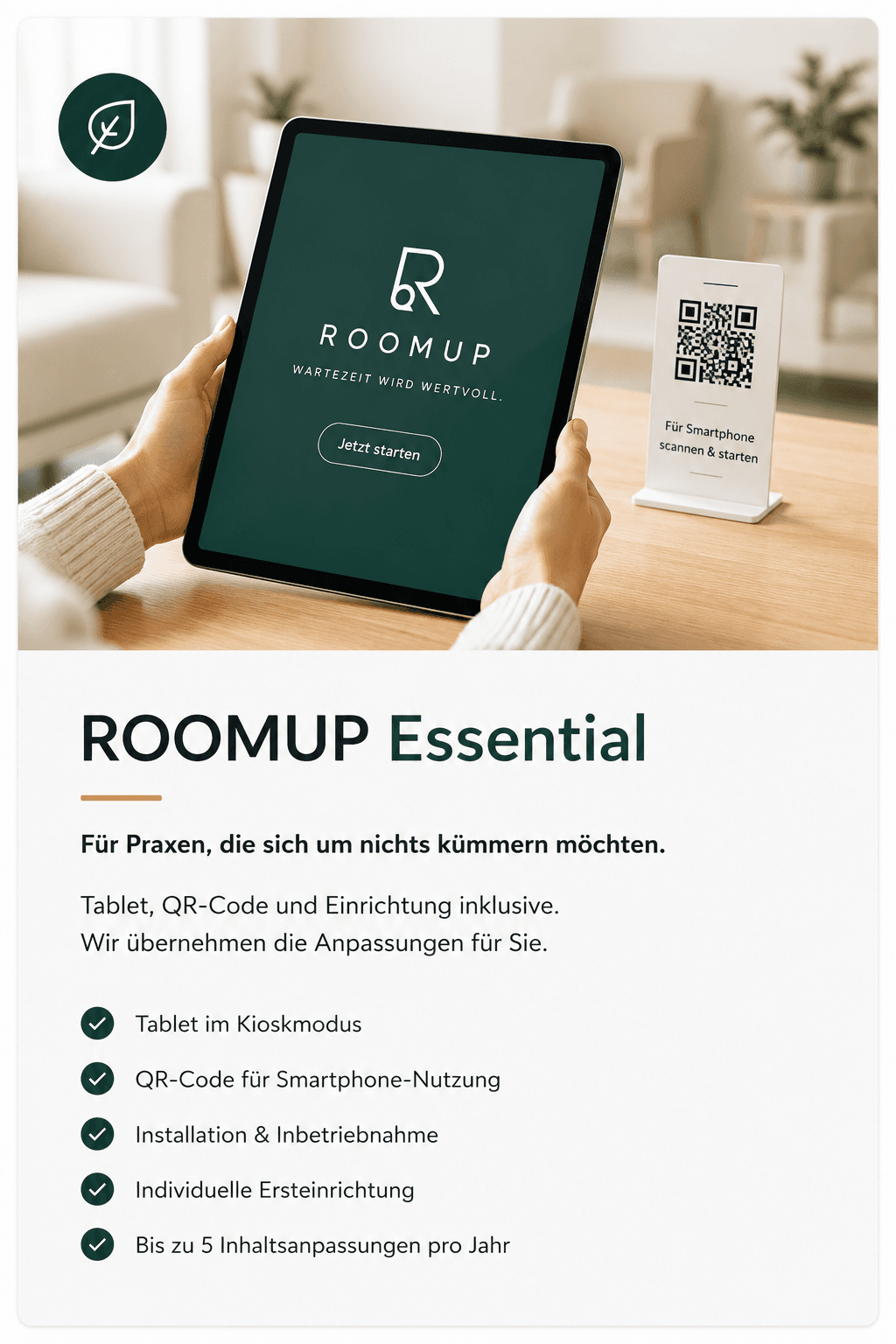 ROOMUP Essential – Tablet im Kioskmodus mit QR-Code, Rundum-sorglos-Paket mit Installation und bis zu fünf Anpassungen pro Jahr.