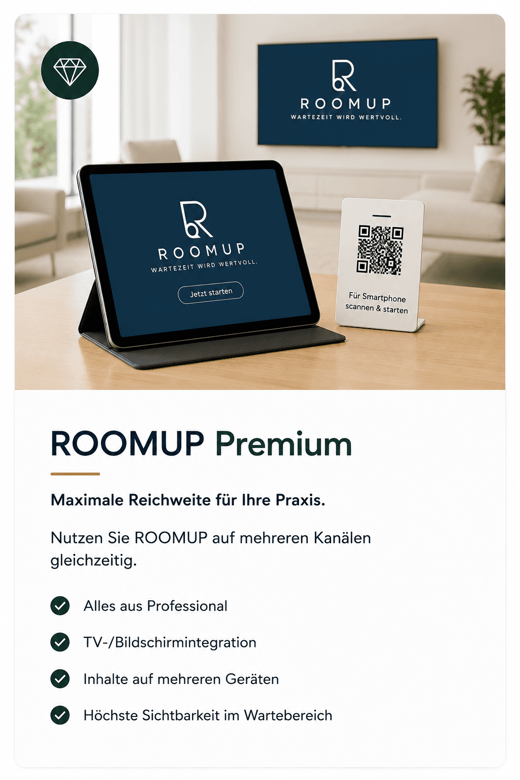 ROOMUP Premium – Tablet und TV-/Bildschirmintegration für maximale Sichtbarkeit auf mehreren Kanälen gleichzeitig.