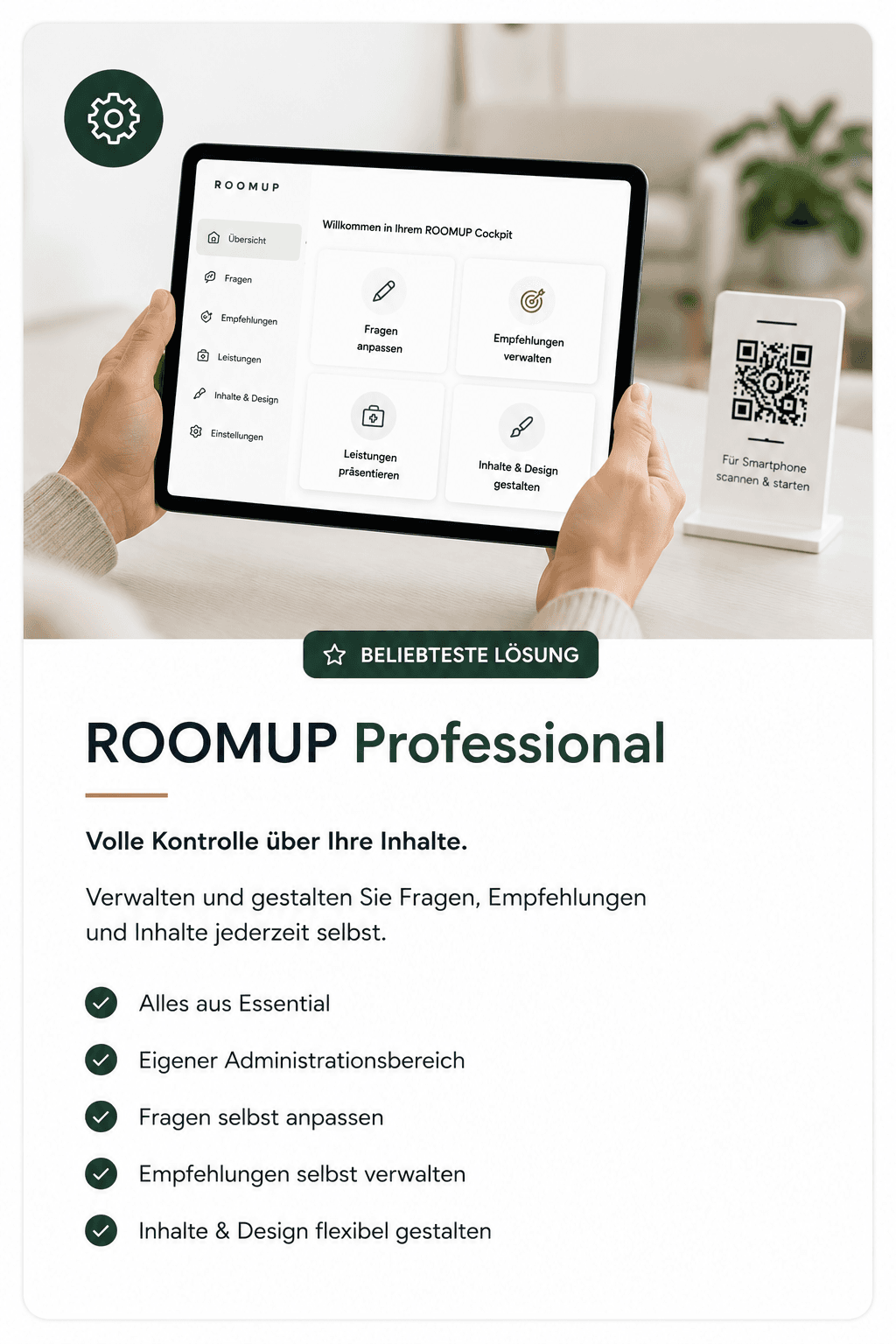 ROOMUP Professional – Tablet mit eigenem Administrationsbereich zum selbstständigen Verwalten aller Inhalte.
