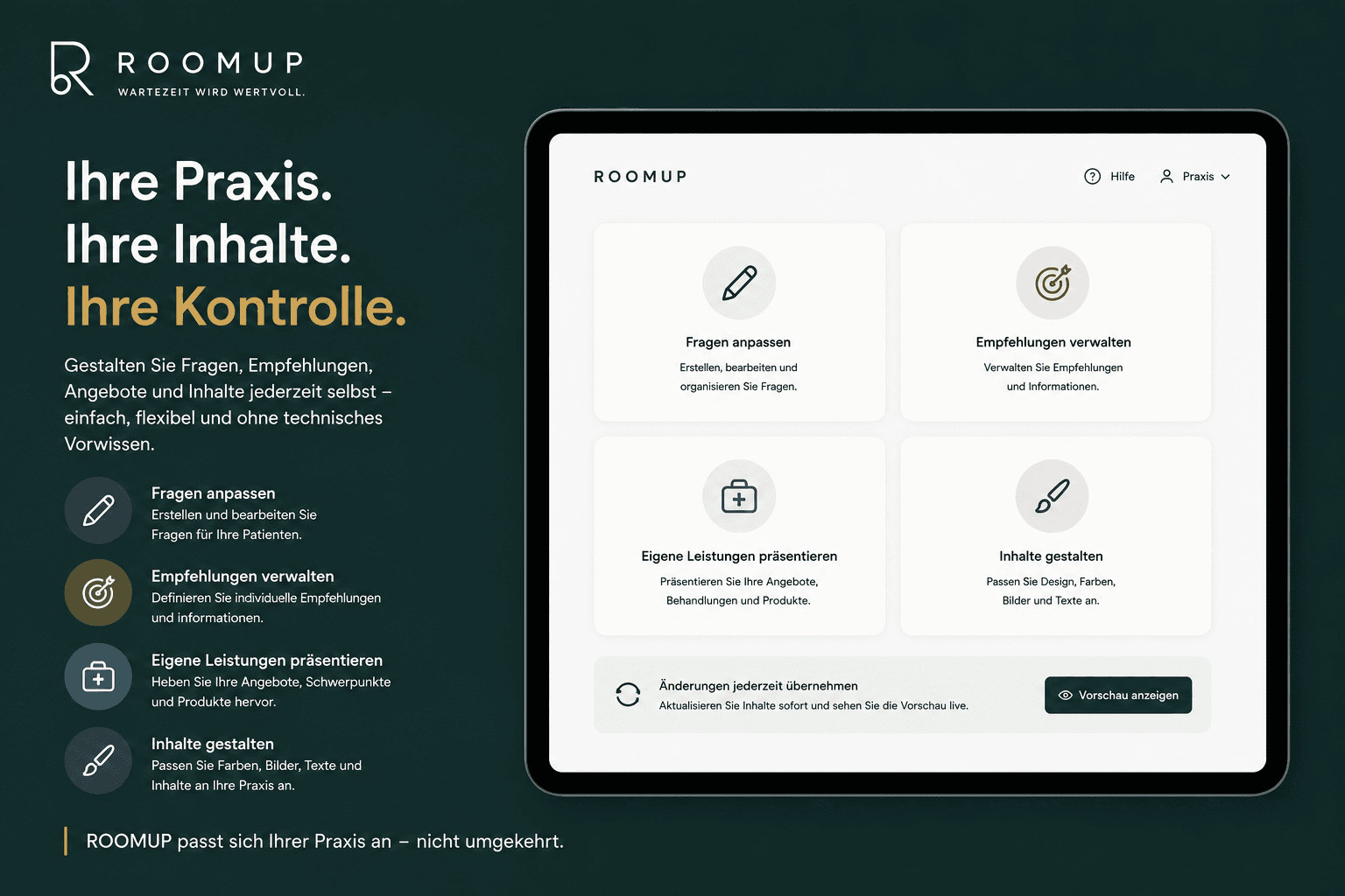 ROOMUP Cockpit: Administrationsbereich zum Verwalten von Inhalten, Empfehlungen und Angeboten