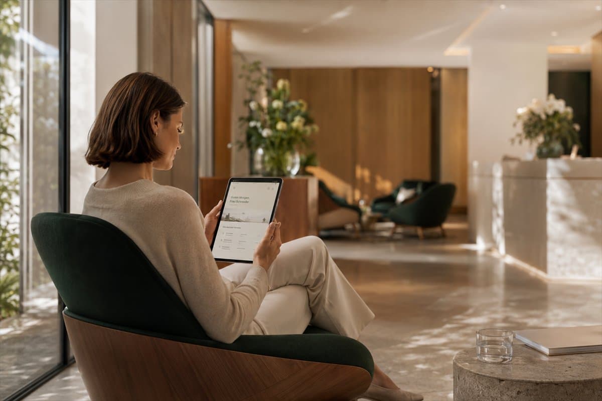 Patientin nutzt entspannt das ROOMUP Tablet in einer hellen, modernen Empfangslounge.